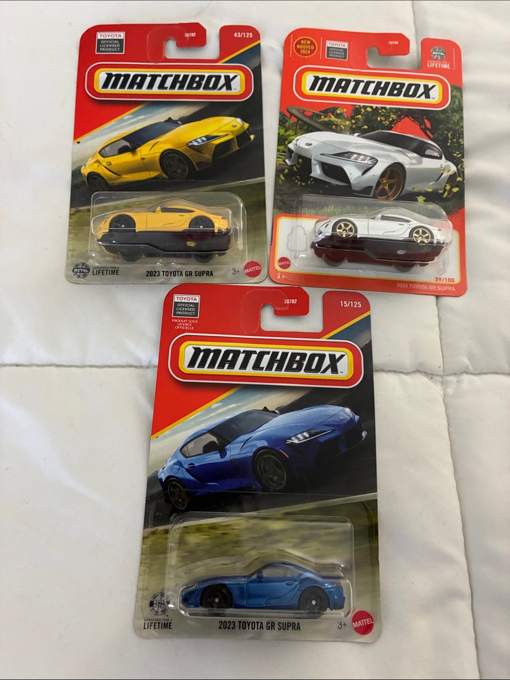 Matchbox 2023 Toyota GR Supra Cars - Yellow, White, Blue (3-Pack)